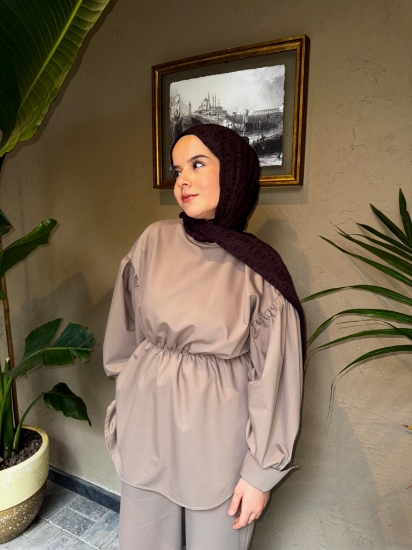 Büzgülü Beli Lastikli Takım Vizon resmi