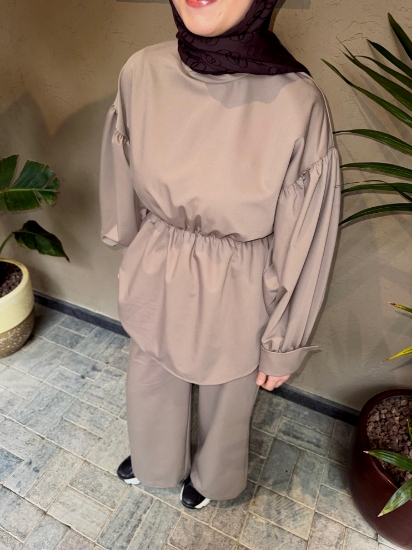 Büzgülü Beli Lastikli Takım Vizon resmi